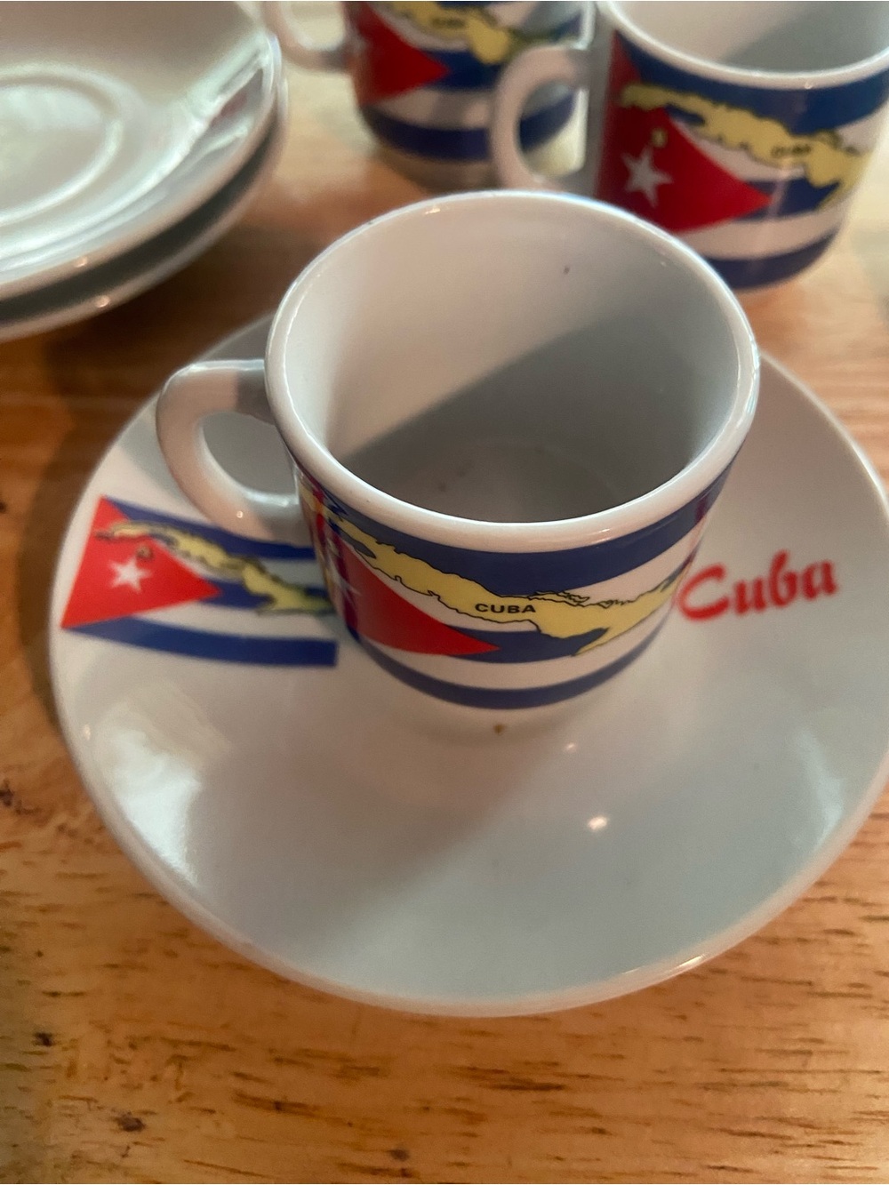Cuba Flag Espresso Cup and Saucer - White with Red, Blue, Yellow Accent set of 3